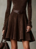 Zena | Women's Faux Suede Crew Neck Long Sleeve Belted Mini Dress