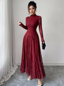 Zuleika | Women's Mock Neck Sheer Long Sleeve Flared Hem Floral Lace Maxi Dress