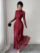 Zuleika | Women's Mock Neck Sheer Long Sleeve Flared Hem Floral Lace Maxi Dress