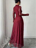 Zuleika | Women's Mock Neck Sheer Long Sleeve Flared Hem Floral Lace Maxi Dress