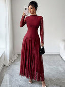 Zuleika | Women's Mock Neck Sheer Long Sleeve Flared Hem Floral Lace Maxi Dress