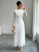 Zuleika | Women's Mock Neck Sheer Long Sleeve Flared Hem Floral Lace Maxi Dress