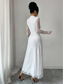 Zuleika | Women's Mock Neck Sheer Long Sleeve Flared Hem Floral Lace Maxi Dress