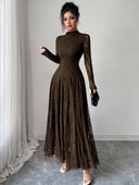 Zuleika | Women's Mock Neck Sheer Long Sleeve Flared Hem Floral Lace Maxi Dress