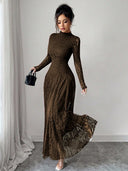 Zuleika | Women's Mock Neck Sheer Long Sleeve Flared Hem Floral Lace Maxi Dress
