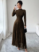 Zuleika | Women's Mock Neck Sheer Long Sleeve Flared Hem Floral Lace Maxi Dress