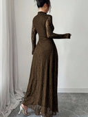Zuleika | Women's Mock Neck Sheer Long Sleeve Flared Hem Floral Lace Maxi Dress