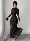 Zuleika | Women's Mock Neck Sheer Long Sleeve Flared Hem Floral Lace Maxi Dress