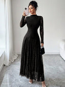 Zuleika | Women's Mock Neck Sheer Long Sleeve Flared Hem Floral Lace Maxi Dress