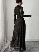 Zuleika | Women's Mock Neck Sheer Long Sleeve Flared Hem Floral Lace Maxi Dress