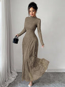 Zuleika | Women's Mock Neck Sheer Long Sleeve Flared Hem Floral Lace Maxi Dress