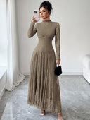 Zuleika | Women's Mock Neck Sheer Long Sleeve Flared Hem Floral Lace Maxi Dress