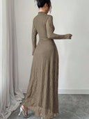 Zuleika | Women's Mock Neck Sheer Long Sleeve Flared Hem Floral Lace Maxi Dress
