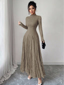 Zuleika | Women's Mock Neck Sheer Long Sleeve Flared Hem Floral Lace Maxi Dress