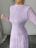 Zuleika | Women's Mock Neck Sheer Long Sleeve Flared Hem Floral Lace Maxi Dress