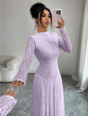 Zuleika | Women's Mock Neck Sheer Long Sleeve Flared Hem Floral Lace Maxi Dress