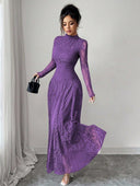 Zuleika | Women's Mock Neck Sheer Long Sleeve Flared Hem Floral Lace Maxi Dress
