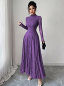 Zuleika | Women's Mock Neck Sheer Long Sleeve Flared Hem Floral Lace Maxi Dress