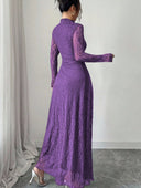 Zuleika | Women's Mock Neck Sheer Long Sleeve Flared Hem Floral Lace Maxi Dress