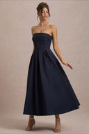 Mikayla | Women's Foldover Neck Strapless Pleated Midi Evening Party Dress
