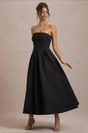Mikayla | Women's Foldover Neck Strapless Pleated Midi Evening Party Dress